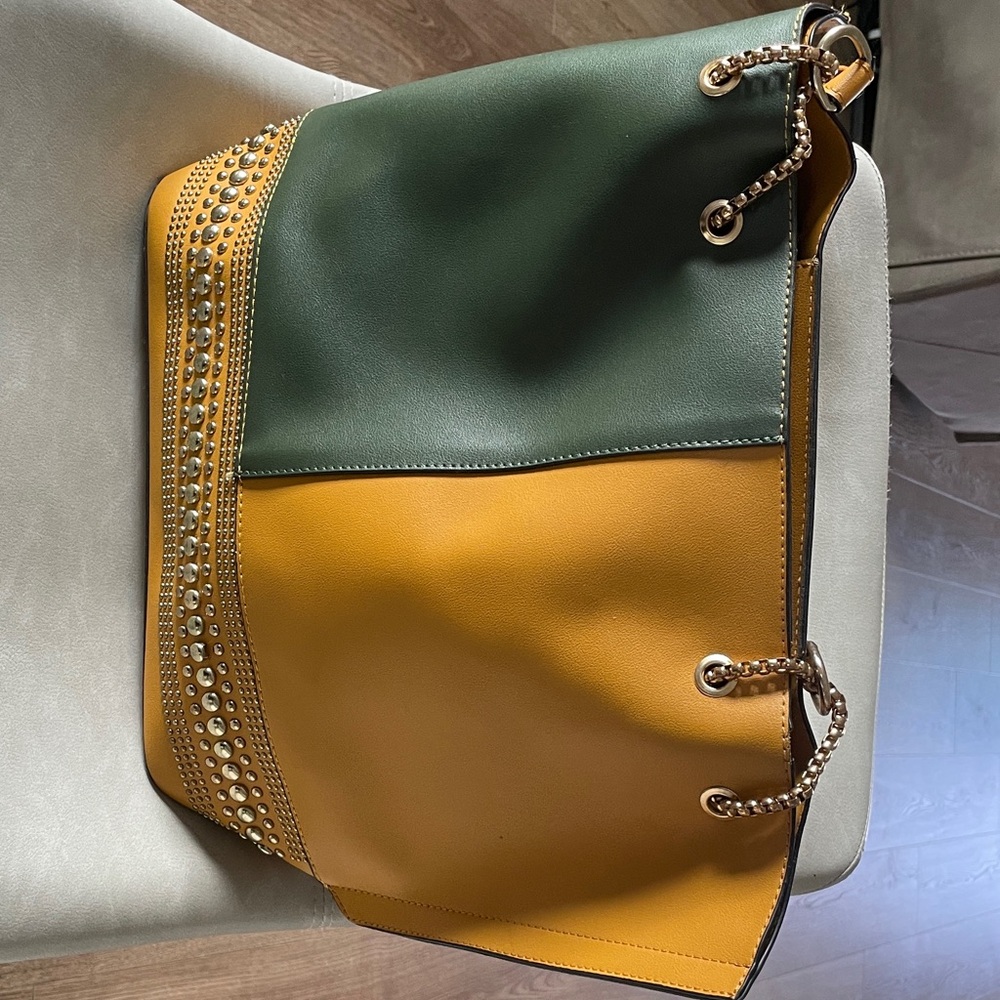 Two-Tone Green and Mustard Studded Shoulder Tote
